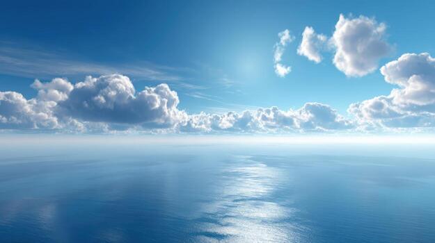 Serene Ocean View Under a Bright Blue Sky with Puffy Clouds, Reflecting Sunlight on the Water photo