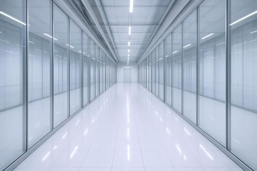 Modern Data Center Corridor with Glass Enclosures and White Tile Flooring, Providing Security and Advanced Technology photo