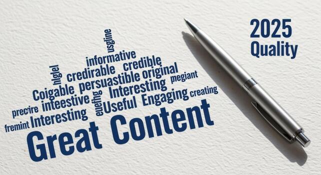 Content Creation Concept Pen on Paper with Word Cloud Emphasizing Quality and Engagement photo