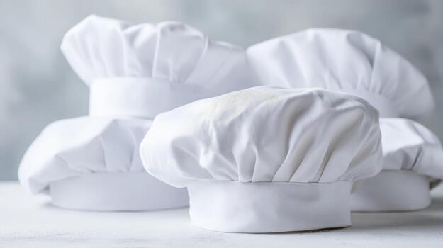 Stack of Chef Hats on a Marble Table, Signifying Culinary Excellence and Professional Kitchen Equipment photo