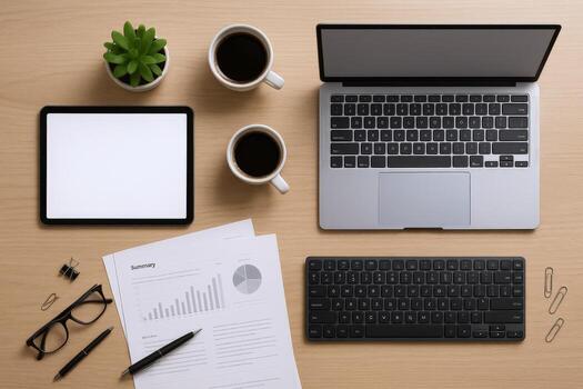Overhead View of Business Workspace with Laptop, Tablet, Coffee, and Financial Reports on Wooden Desk photo