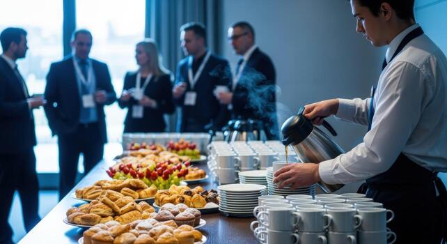 Catering Service at a Business Conference Coffee Pouring, Pastries Displayed, and Professionals Networking photo