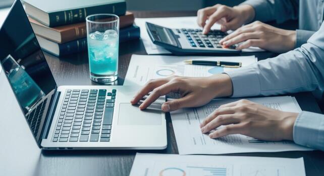 Team Analyzing Financial Data with Laptop, Calculator, and Documents for Business Strategy and Investment Decisions photo