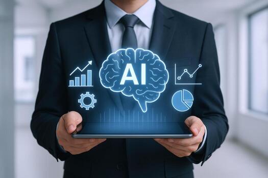 Artificial Intelligence Technology Man in Suit Holding Tablet Displaying AI Brain Icon and Data Visualization photo