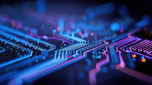 resumen circuito tablero con azul y púrpura luces alta tecnología innovación y digital conectividad foto