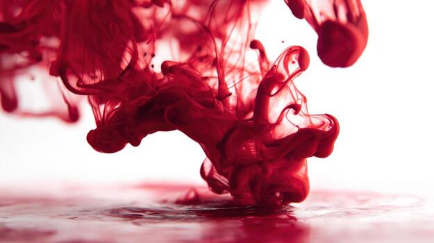 carmesí líquido resumen dinámica movimiento de escarlata fluido formando orgánico formas en contra un brillante blanco fondo foto