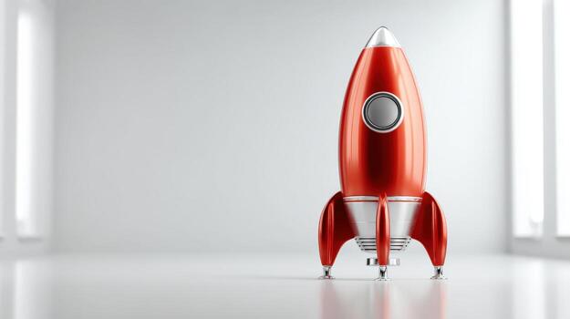 Red Rocket Startup in Modern White Room Innovation, Ambition, and Creative Launch Concept photo