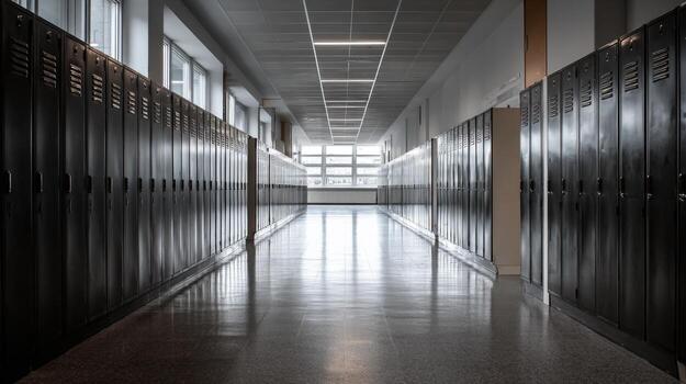 School hallway with lockers and light from windows, symbolizing education and institutional environments photo