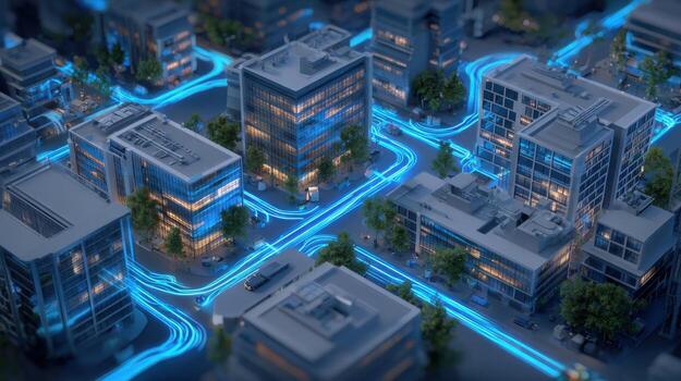 Smart Cityscape with Glowing Data Streams Connecting Buildings, Illustrating Connectivity and Modern Urban Technology photo