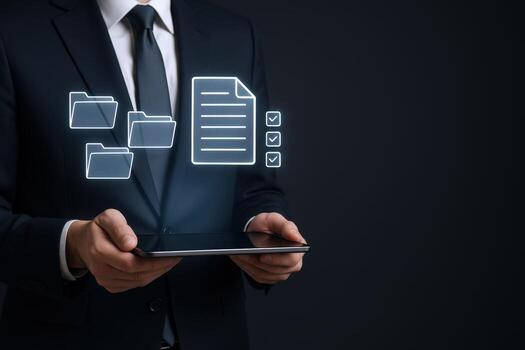 Digital Document Management Concept Businessman Holding Tablet with File Icons for Data Storage photo
