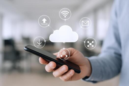 Cloud Technology Connectivity Man Holding Smartphone Connecting to Cloud Storage and Services Network with Wireless Communication photo