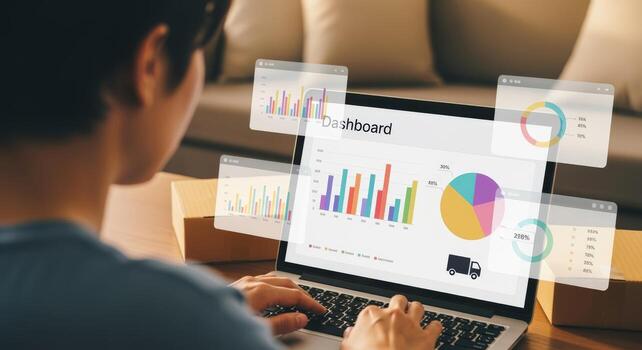 Person Analyzing Data on Laptop with Graphic Overlays for Business and E-Commerce Analytics photo