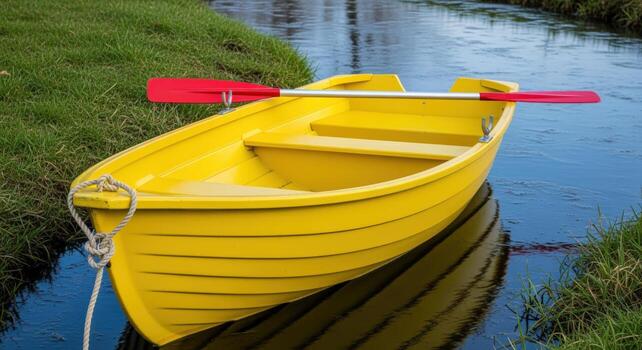 Bright Yellow Rowboat with Red Oars Anchored Beside a Verdant Riverbank on a Calm Day photo
