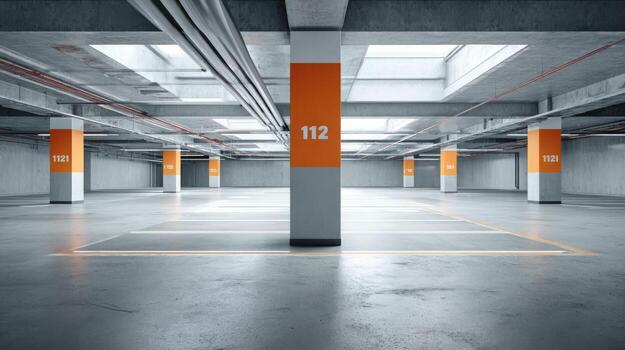 Spacious Underground Parking Garage Interior with Numbered Pillars and Skylights, Featuring Clean Lines and Modern Architecture photo