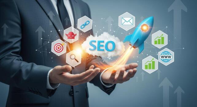 SEO Optimization Concept Businessman Presenting Cloud with Rocket, Search Engine Optimization Strategy, Growth photo
