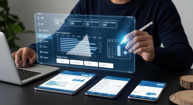 Analyzing Data on Transparent Screen Business Intelligence Dashboard, Modern Tech Display, Financial Analysis with Multiple Devices photo
