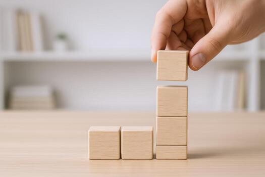 Wooden Blocks Arranged in a Rising Bar Graph on a Table, Representing Growth and Success photo