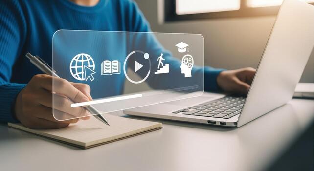 Online Education and Learning Concept Man Studying with Laptop, Taking Notes, and Watching Online Courses photo