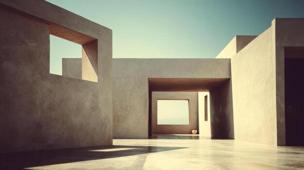 moderno arquitectura minimalista diseño con geométrico formas y limpiar líneas en Desierto paisaje en soleado día foto