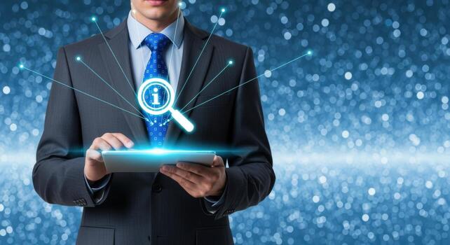 Information Technology Professional Analyzing Data with Tablet, Conceptual Digital Illustration, on Blurred Abstract Background photo