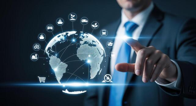 Global Business Network Man Interacting with Digital World Globe for International Collaboration and Connectivity photo