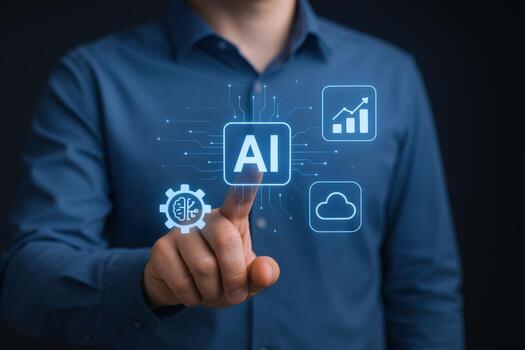 Artificial Intelligence Integration Man Interacting with AI Interface Displaying Cloud, Gear, and Growth Chart Icons photo