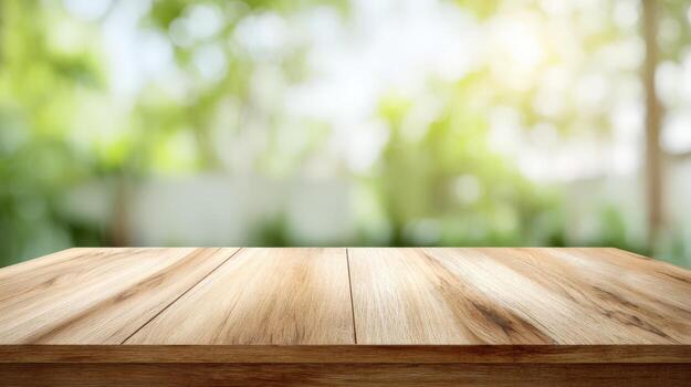 Wooden Table Surface with Natural Green Bokeh Background, Perfect for Product Display and Mockups in Spring photo
