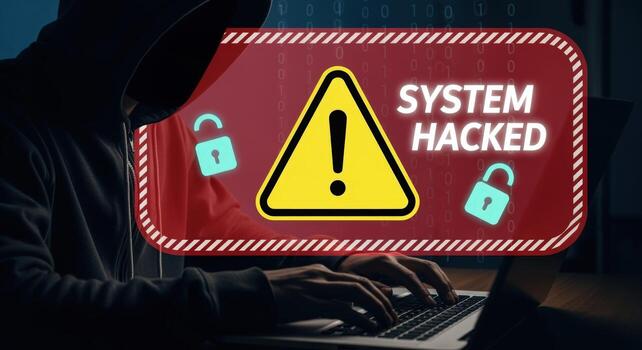 System Hacked Warning Cybersecurity Alert Featuring Hacker, Laptop, Warning Sign and Padlocks for Network Security Breach Concepts photo