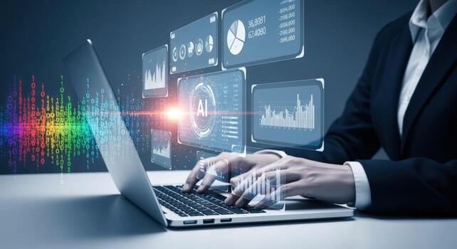 Data Visualization with Laptop Business Intelligence, Analytics, and Artificial Intelligence Conceptualization for Modern Technology photo