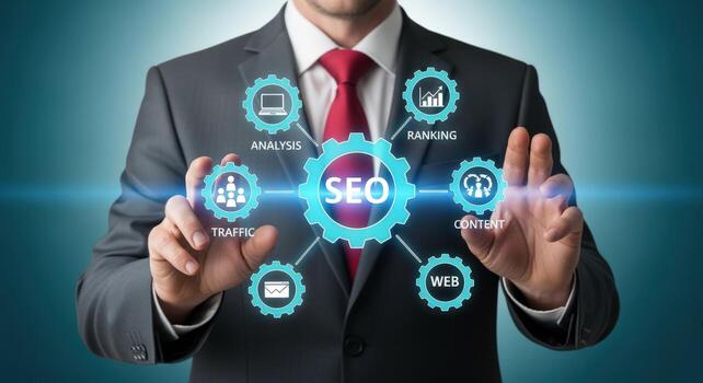 Businessman Demonstrating SEO Concepts with Digital Interface Elements for Analysis, Ranking, Content, and Web Traffic photo