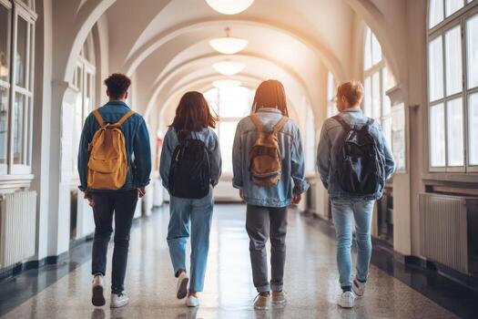 Students walking through a bright school corridor, symbolizing education, future, and the journey of learning photo