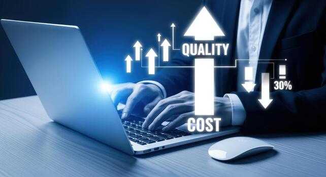 Laptop Optimizing Cost Reduction and Quality Improvement Strategy, Illustrating Business Growth, Efficiency, and Investment Success photo
