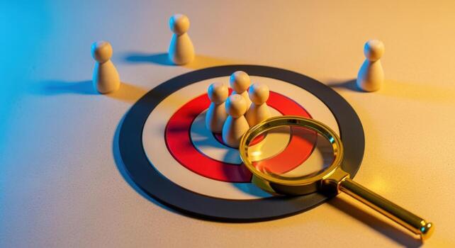 Target Audience Analysis Wooden Figures on Target with Magnifying Glass for Focused Marketing Strategy photo