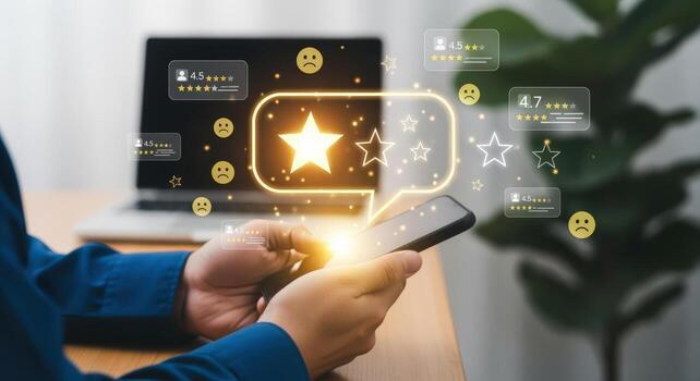 Customer Feedback Management on Mobile Phone Showing Star Ratings and Reviews for Business Reputation photo