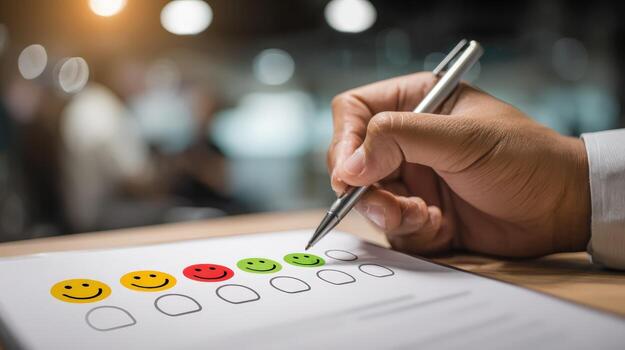 Customer Satisfaction Survey with Smiley Faces Feedback Form, Review, and Quality Control Concept photo