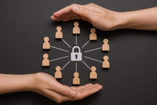 Securing Network Hands Protecting Lock Surrounded by Wooden Figures, Representing Data Privacy and Cyber Security photo