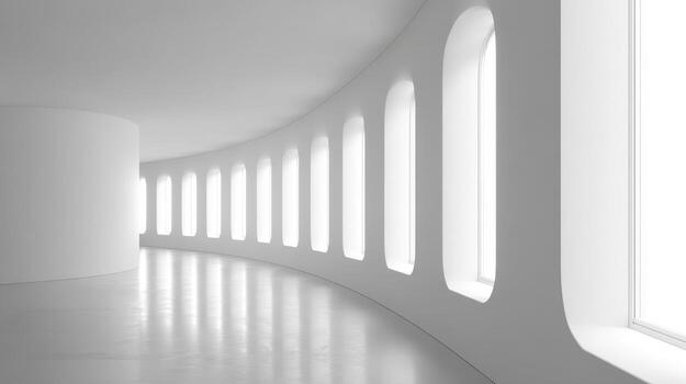 Bright Modern Interior with Arched Windows and Polished Floor, Minimalist Architecture Design in White photo