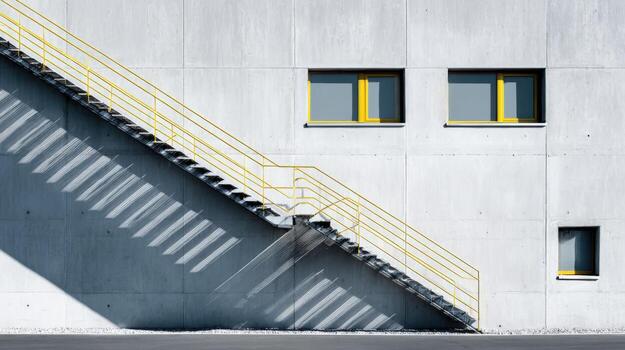 Concrete Building Exterior with Yellow Staircase and Windows showcasing Architectural Design and Geometric Composition photo