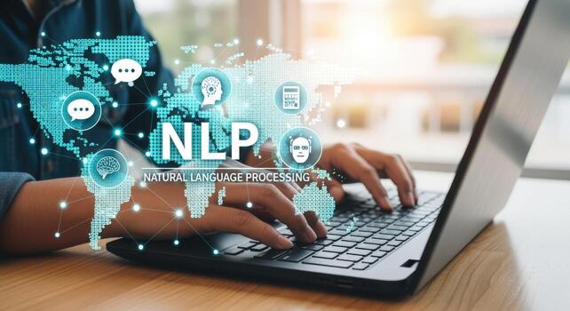 natural idioma Procesando persona mecanografía en ordenador portátil con mundo mapa y ai íconos cubrir foto