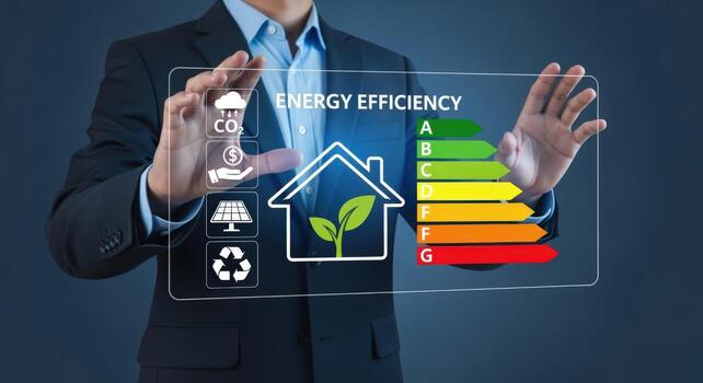Energy Efficiency Presentation Businessman Interacting with Virtual Interface Displaying Energy Rating Chart photo