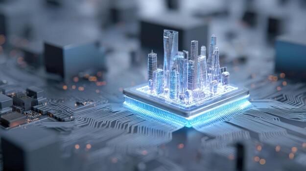 Futuristic Cityscape on Microchip Advanced Technology and Digital Innovation Illustration for Modern Business Solutions photo