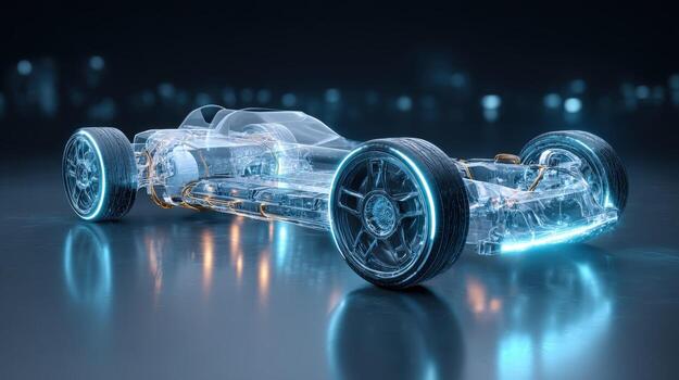 Transparent Futuristic Car Design with Glowing Elements Showcasing Technological Advancement and Automotive Innovation photo