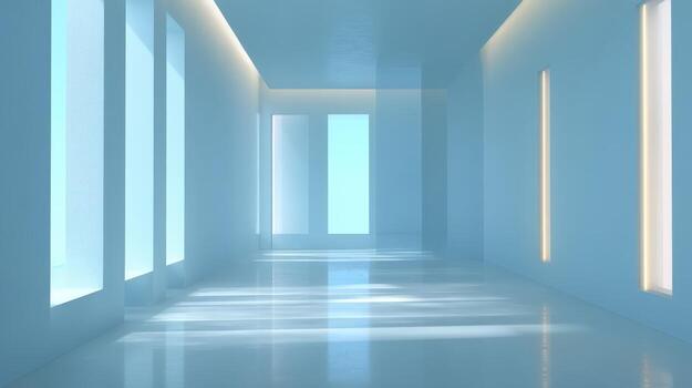 Minimalist Interior Design with Bright Windows and Reflective Floors, Creating a Clean and Modern Architectural Space photo