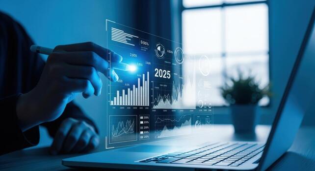 Futuristic Technology Interface Person Interacting with Digital Graphs and Data Visualization on a Laptop Screen photo