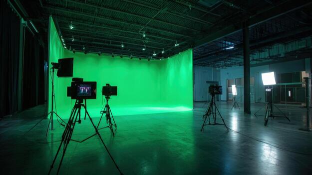 Film Studio with Green Screen Setup Professional Videography and Content Creation Environment for Commercial Projects photo