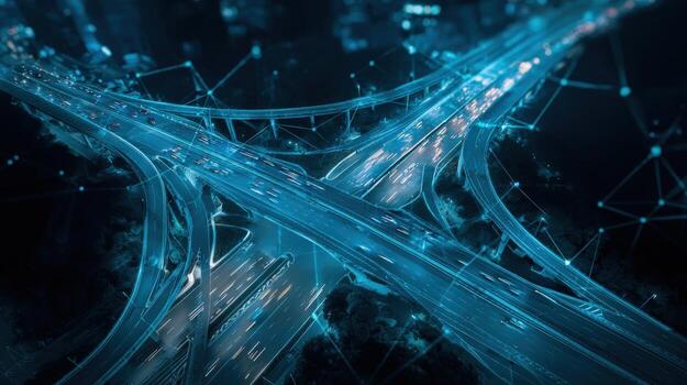 Futuristic Highway Interchange with Digital Network Overlay, Representing Connectivity, Transportation Technology and Data Flow photo
