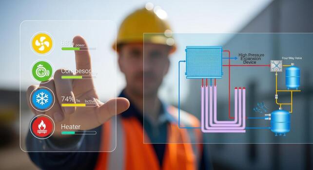 HVAC Technician Monitoring System Performance with Futuristic Interface for Energy Efficiency and Building Management photo