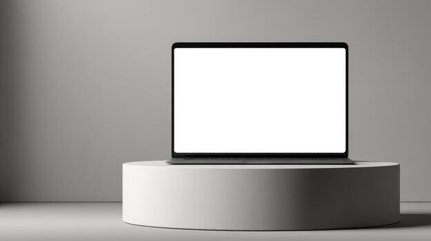 Modern Laptop Mockup Display on a White Pedestal, Suitable for Product Presentation and Advertisement photo