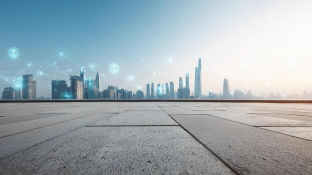 moderno paisaje urbano horizonte con futurista tecnología cubrir y vacío hormigón plataforma para producto monitor foto
