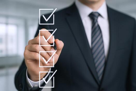 Businessman Completing Checklist with Pen Task Management, Approval Process, and Goal Achievement in Professional Setting photo